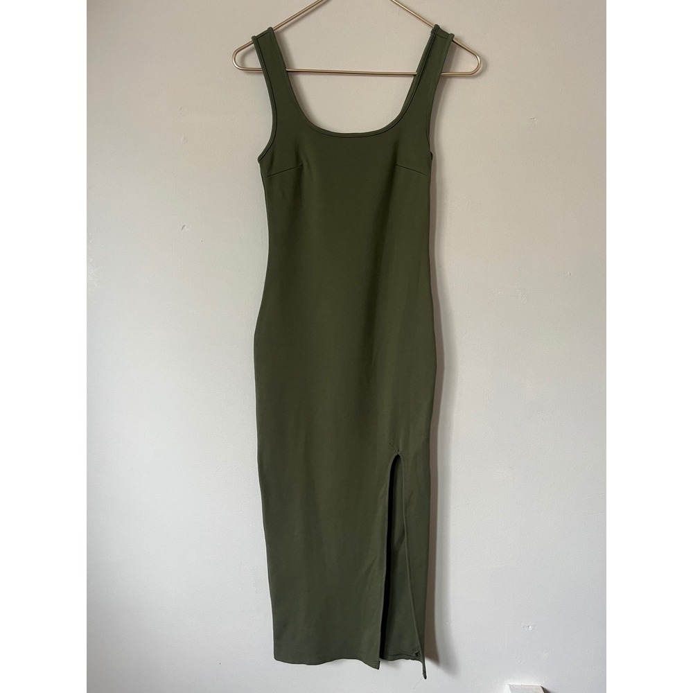 Olive Green Scoop Neck Bodycon‎ Midi Dress with Side Slit Sleeveless Women's